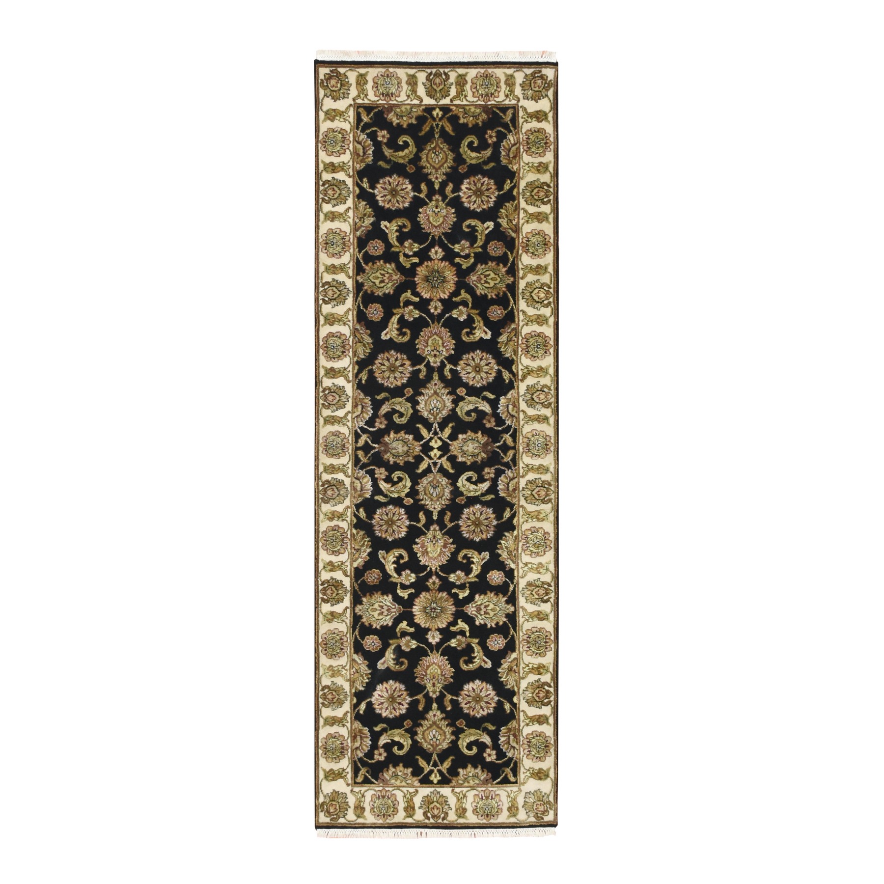 Onyx Black, Rajasthan with All Over Leaf Design, Hand Knotted, Wool and Silk, Soft Pile, Thick and Plush, Runner, Oriental Rug